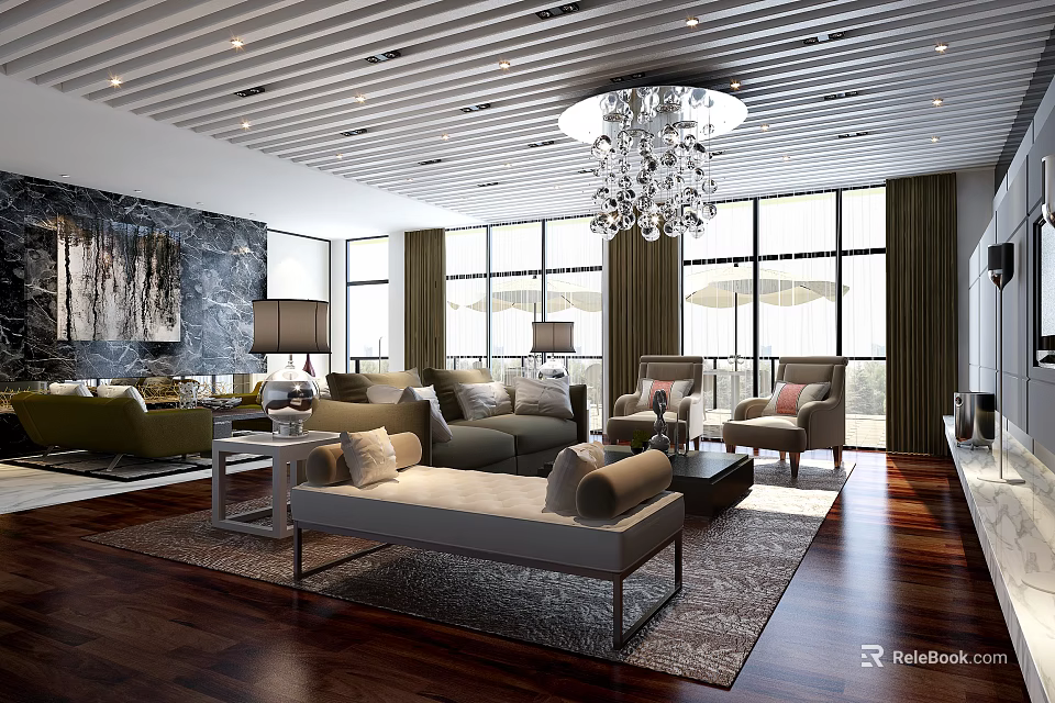 Modern Living Room Interior With Open Layout Large Windows Chandelier Sofas Rug And Wooden Flooring 3d model 