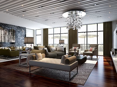 Modern Living Room Interior With Open Layout Large Windows Chandelier Sofas Rug And Wooden Flooring 3d model