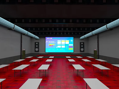 Modern Conference Room With Red Floor White Long Tables Large Screen Speakers And Ceiling Pipes 3d model