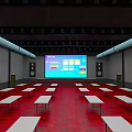 Modern Conference Room With Red Floor White Long Tables Large Screen Speakers And Ceiling Pipes