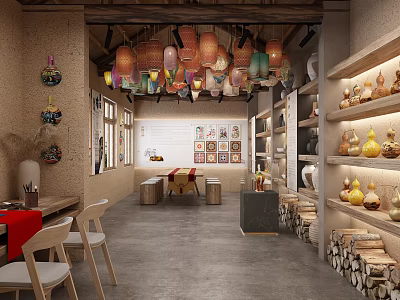 Folklore Exhibition Hall Chinese Folklore Museum New Chinese Farm Tools Pottery Root Carving Gourd Carving Chinese Lamp 3d model