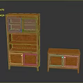 Orange Wooden Furniture Set Featuring Tall Cabinet With Glass Doors And Low Cabinet With Drawers