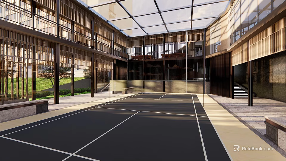 Modern Commercial Street With Glass Roof Open Courtyard And Wooden Structures 3d model 
