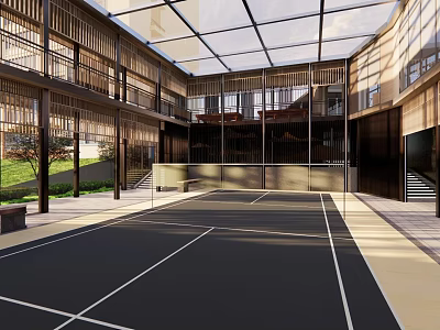 Modern Commercial Street With Glass Roof Open Courtyard And Wooden Structures 3d model
