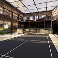 Modern Commercial Street With Glass Roof Open Courtyard And Wooden Structures