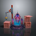 Fantasy Landscape With Stained Glass Windows Wooden Crates Hanging Lantern And Glowing Blue Base