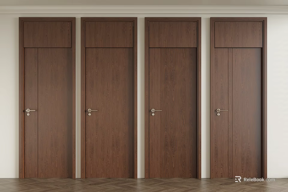 Four Brown Wooden Swing Doors With Wood Grain Texture Silver Handles And White Frames 3d model 