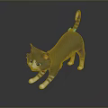 Grey Striped Cat With Blue Eyes Pink Ears Blue Tail Tip On Black Reflective Floor