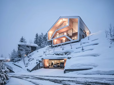 Snowy Hillside Modern Detached Villa Illuminated With Garage And Surrounding Trees 3d model
