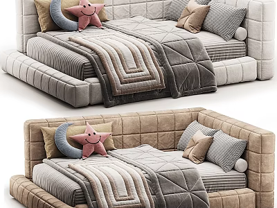 Cozy Children's Bed With Soft Pillows Striped Blankets And Star Moon Decor 3d model
