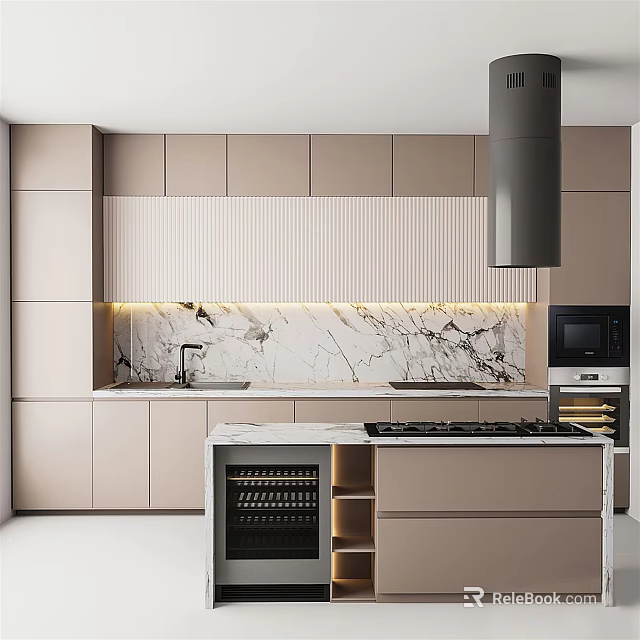 Modern Kitchen Interior With Beige Cabinets Marble Countertops Island Range Hood Wine Rack And Appliances 3d model 