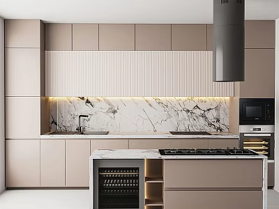 Modern Kitchen Interior With Beige Cabinets Marble Countertops Island Range Hood Wine Rack And Appliances 3d model