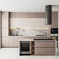 Modern Kitchen Interior With Beige Cabinets Marble Countertops Island Range Hood Wine Rack And Appliances