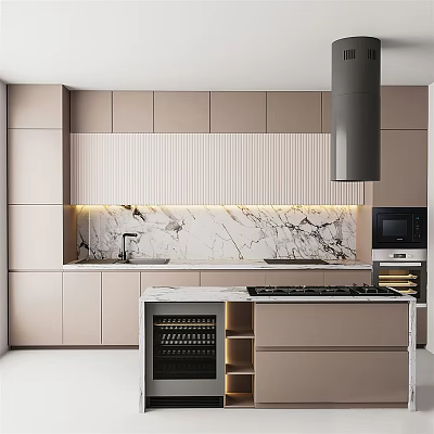 Modern Kitchen Interior With Beige Cabinets Marble Countertops Island Range Hood Wine Rack And Appliances 3d model
