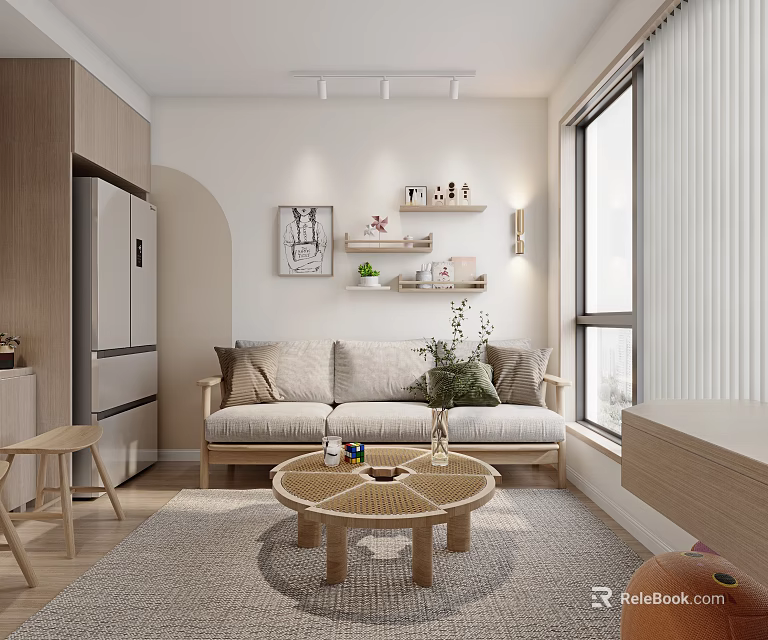 Modern Minimalist Living Room With Beige Sofa Round Coffee Table Wooden Shelves And Decor 3d model 
