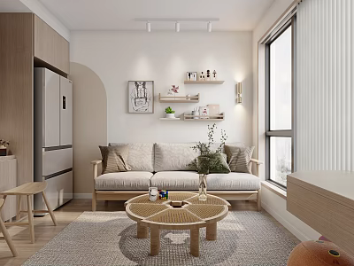 Modern Minimalist Living Room With Beige Sofa Round Coffee Table Wooden Shelves And Decor 3d model