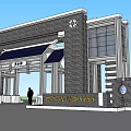 Modern Entrance Gate Design With Brick Structure Large Glass Windows And Canopy Supported By Columns