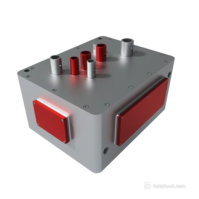 Silver Mechanical Device With Red Panels And Cylindrical Components Design 3d model 