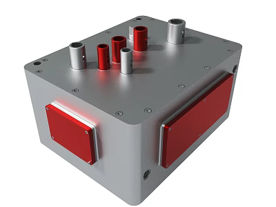 Silver Mechanical Device With Red Panels And Cylindrical Components Design 3d model