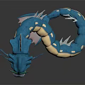 Game Movie Character Blue Serpent With Green Horns Open Mouth Yellow Underbelly And Finned Limbs