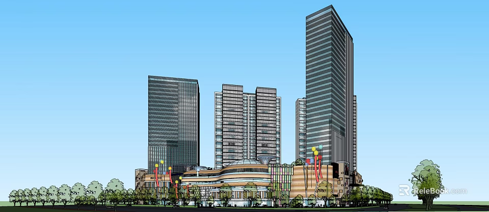 Modern Commercial Complex With High Rise Buildings Retail Office Spaces And Greenery 3d model 