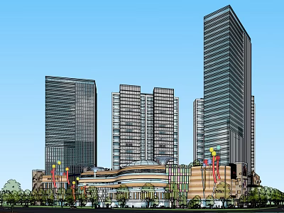 Modern Commercial Complex With High Rise Buildings Retail Office Spaces And Greenery 3d model