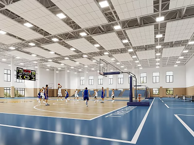 Indoor Basketball Court In Modern Gymnasium With Players Playing Game And Scoreboard 3d model