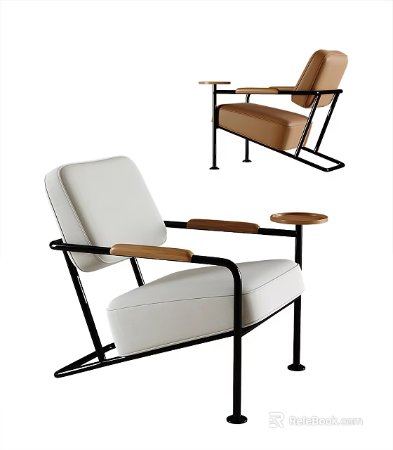 Modern Single Sofa With White Fabric Upholstery Wooden Armrests And Metal Frame Design 3d model 