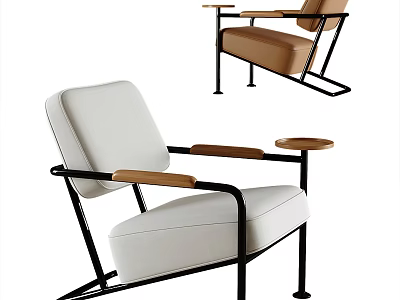 Modern Single Sofa With White Fabric Upholstery Wooden Armrests And Metal Frame Design 3d model