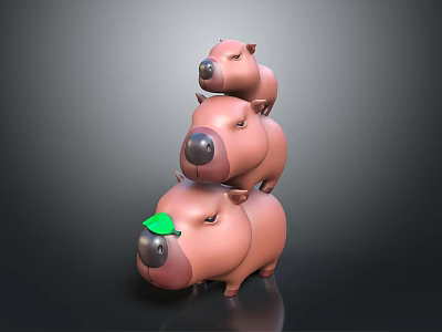 Cute Three Pink Pig Characters Stacked Together with Green Leaf on Nose 3d model