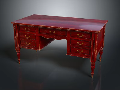Classic Red Wooden Desk With Multiple Drawers And Carved Legs Design 3d model