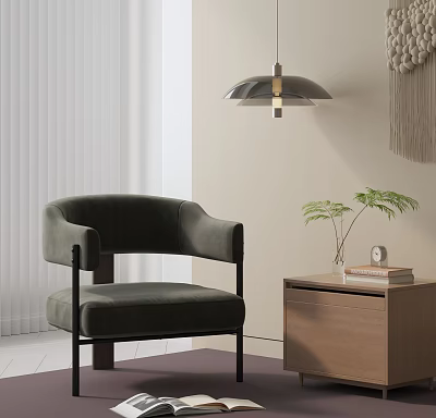 Elegant Accent Chair In Green Velvet With Curved Backrest Metal Legs And Wooden Side Table 3d model