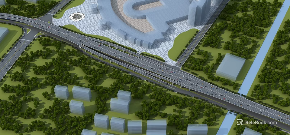 Modern Multilevel Urban Bridge Interchange With Greenery Roads And Surrounding Buildings 3d model 