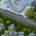 Modern Multilevel Urban Bridge Interchange With Greenery Roads And Surrounding Buildings