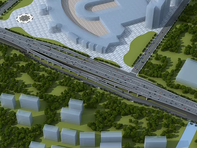 Modern Multilevel Urban Bridge Interchange With Greenery Roads And Surrounding Buildings 3d model