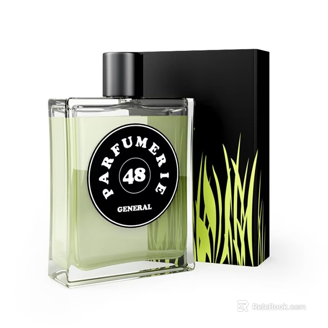 Parfumerie 48 General Perfume With Green Liquid Transparent Square Bottle Black Box Green Grass Pattern 3d model 