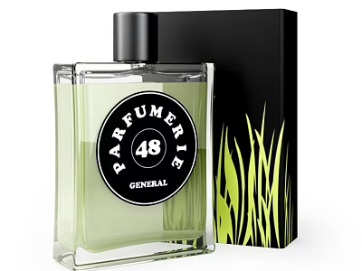 Parfumerie 48 General Perfume With Green Liquid Transparent Square Bottle Black Box Green Grass Pattern 3d model