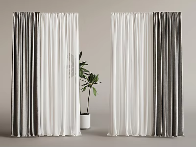Modern White Gray Gradient Velvet Curtains Hanging with Green Potted Plant Decor 3d model