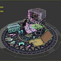 Vintage Laptop Setup With Retro TV Radio Game Controller Pizza And Sneakers On Circular Rug