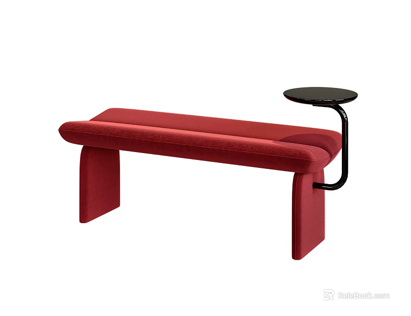 Modern Red Upholstered Bench With Attached Small Round Black Table 3d model 
