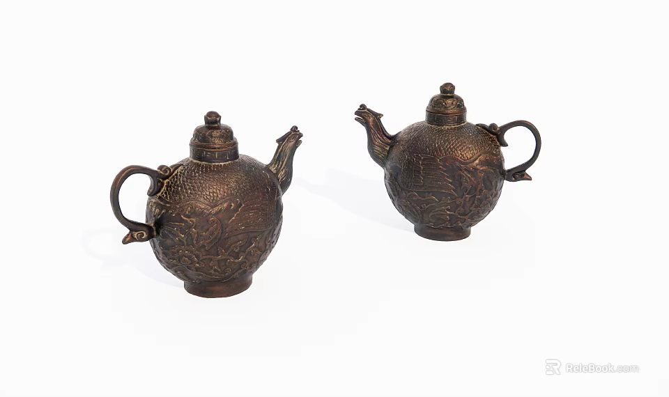 Antique Copper Teapot Two Piece Decorative Ornament Set With Intricate Carved Patterns 3d model 