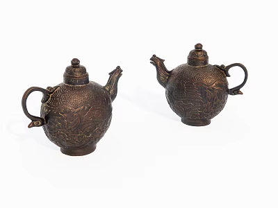 Antique Copper Teapot Two Piece Decorative Ornament Set With Intricate Carved Patterns 3d model