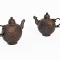 Antique Copper Teapot Two Piece Decorative Ornament Set With Intricate Carved Patterns