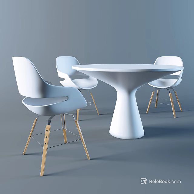 Modern Dining Table And Chairs Set With White Round Top And Wooden Legs 3d model 