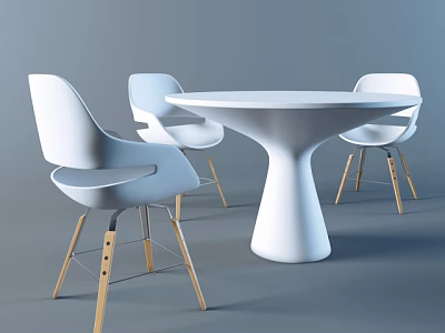 Modern Dining Table And Chairs Set With White Round Top And Wooden Legs 3d model