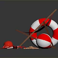 Beach Scenery Featuring Red And White Striped Deck Chair Lifebuoy Beach Ball And Starfish