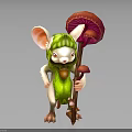 Anthropomorphic Mouse Character In Green Leaf Outfit Holding Red Mushroom Staff With Small Mushrooms