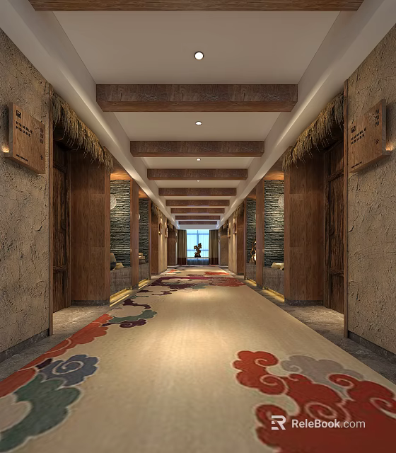 Traditional Style Elevator Hallway With Wooden Beams Stone Walls And Patterned Carpet 3d model 