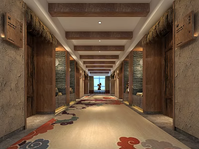 Traditional Style Elevator Hallway With Wooden Beams Stone Walls And Patterned Carpet 3d model