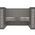 Modern Gray Kitchen Cabinets With Glass Door Panels And Marble Backsplash Countertop
